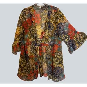 CAbi Shakespeare Floral Tie Front Semi Sheer Kimono Blouse Lagenlook Boho Size L